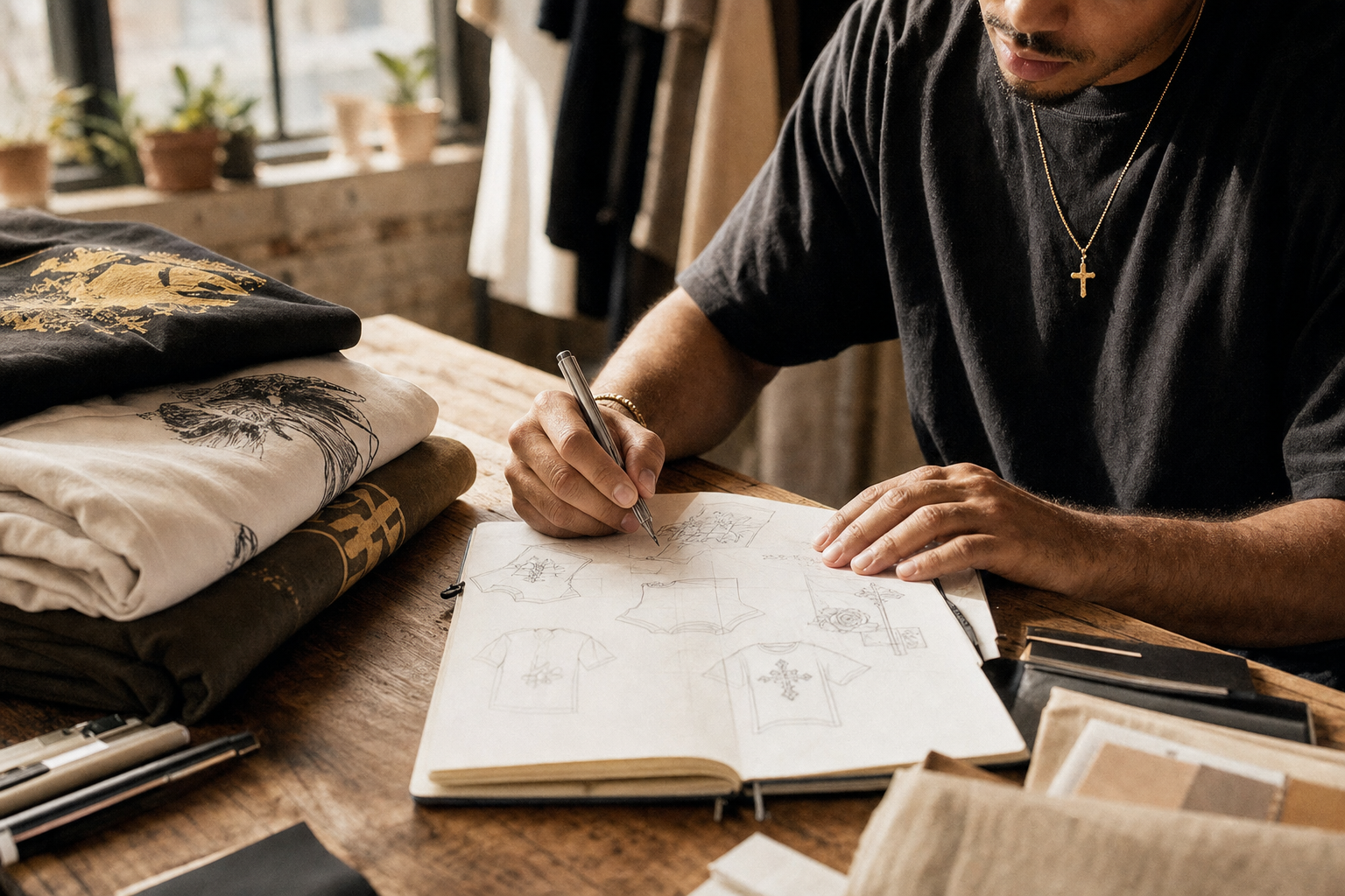 A designer sketching t-shirt layouts in a sunlit studio
