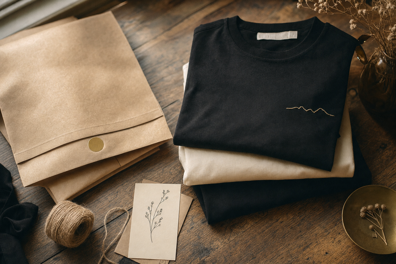 Folded FaithBase apparel, kraft mailers and a thank-you note
