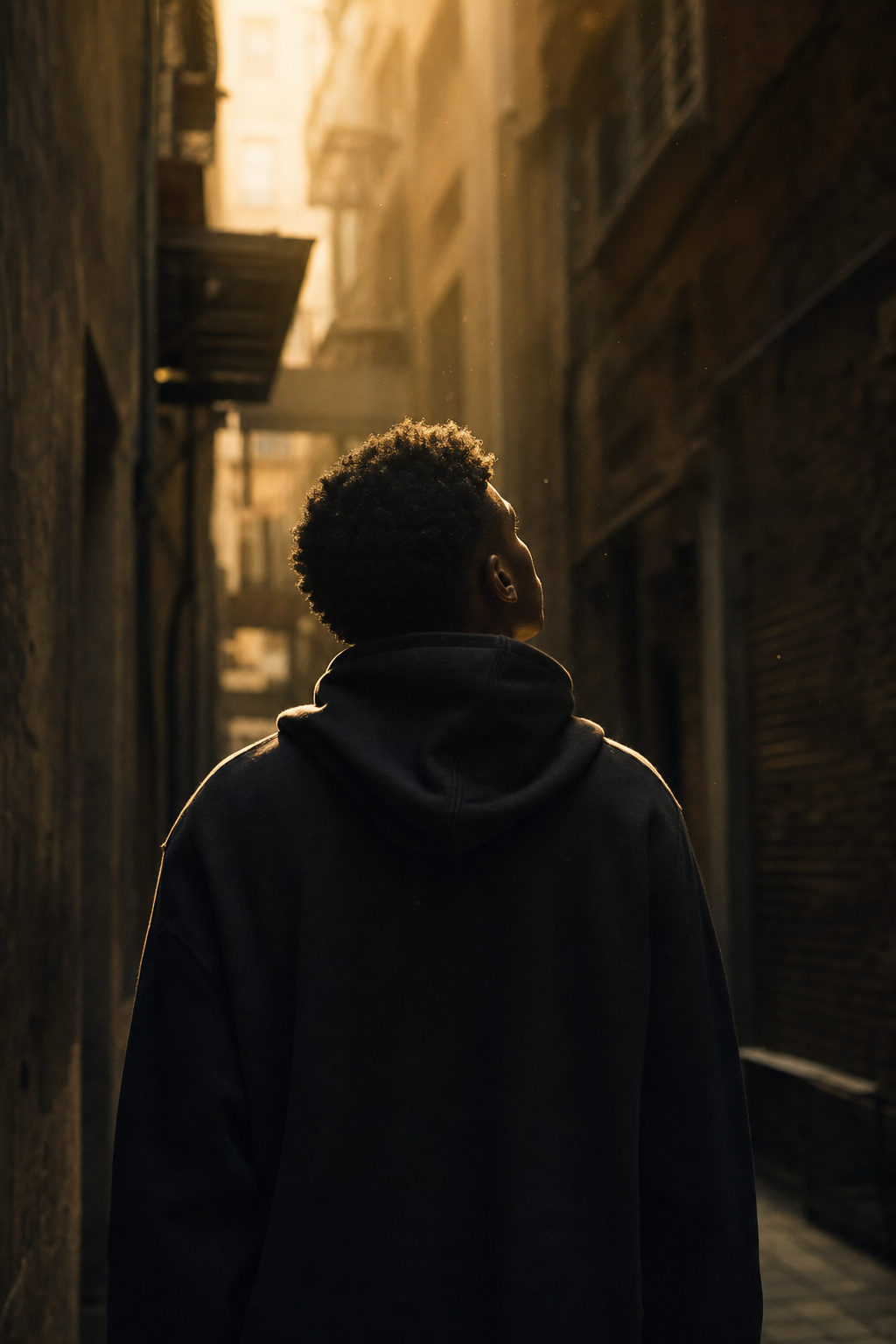 A person looking toward warm golden light in a city alley